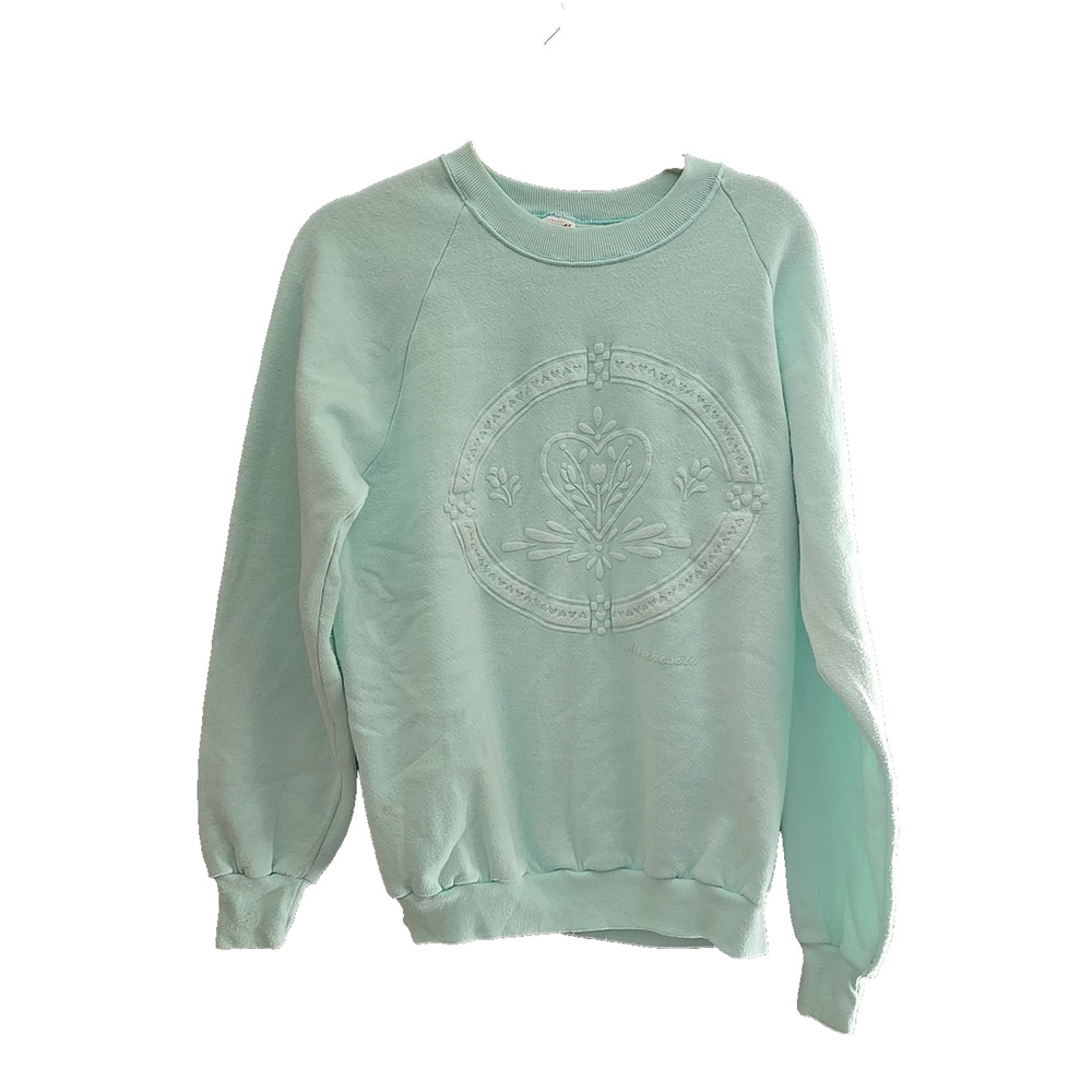Vtg 90s Jerzees Mint Green‎ Embossed Emblem Pullover Sweatshirt Womans Large